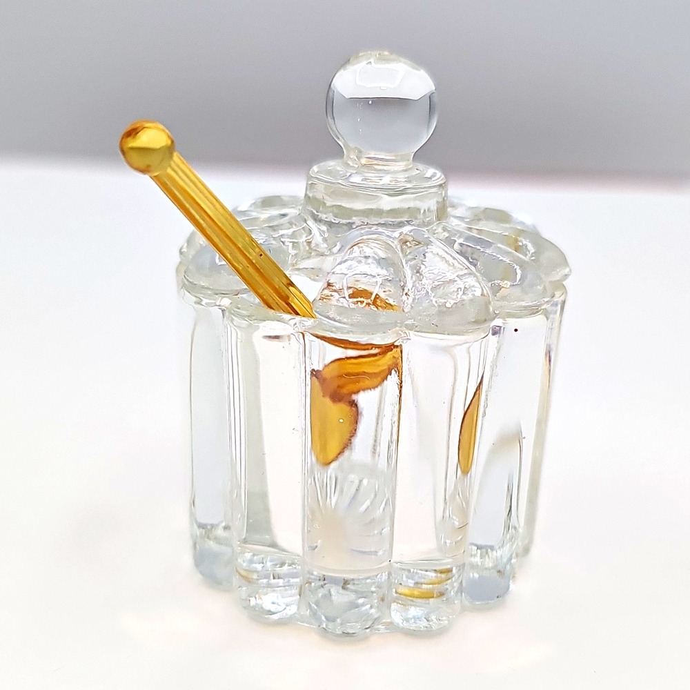 Vintage Heisey Crystolite Glass Mustard Pot Salt Cellar Jar Lid Amber Spoon 3pc